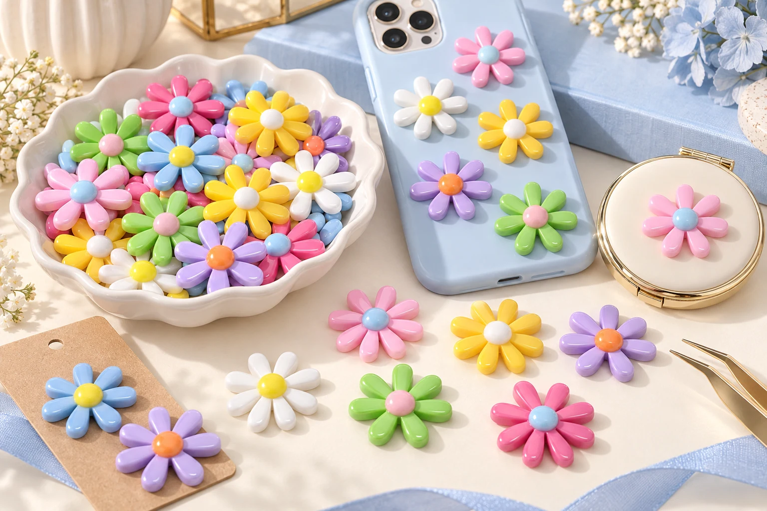 Colorful acrylic daisy flatbacks with a flower-decorated phone case and compact mirror concept