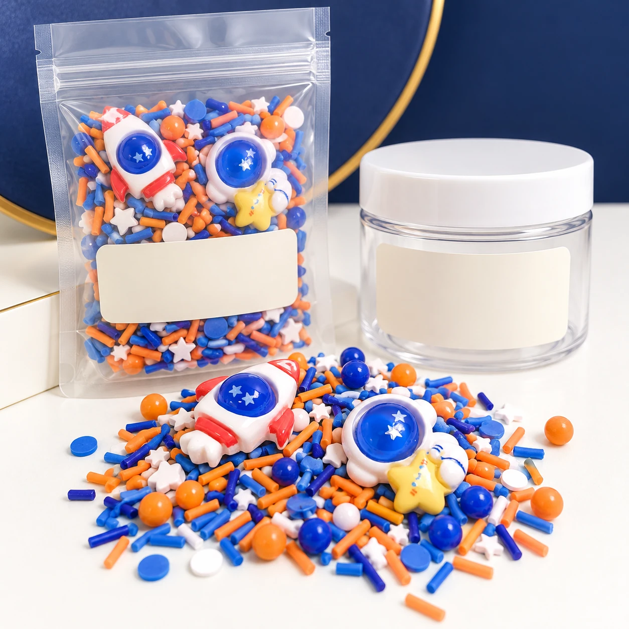 Astronaut & Blue Sprinkle Filler Mix with a clear pouch and sample jar for private-label packaging, SLM680