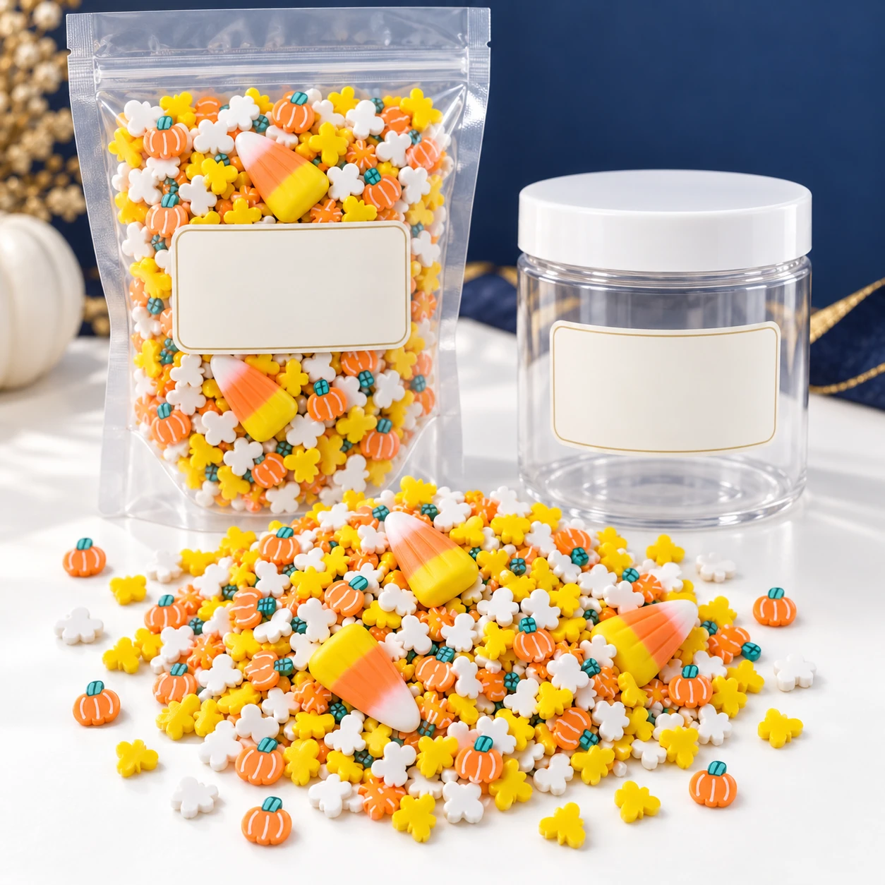 Candy Corn & Pumpkin Filler Mix with a clear pouch and sample jar for private-label packaging, SLM574