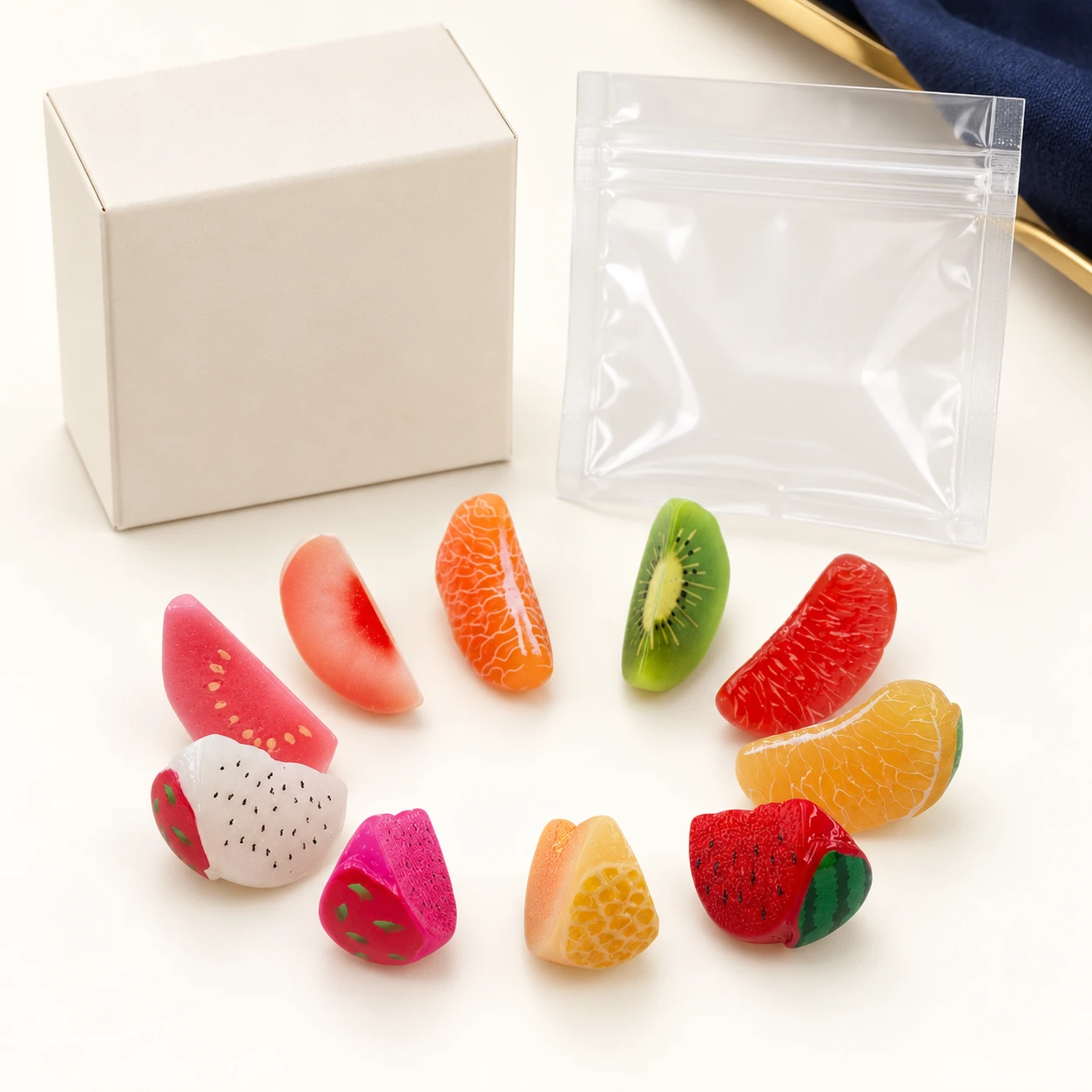 Assorted Fruit Wedge Resin Charms RW0027019 with illustrative private-label packaging