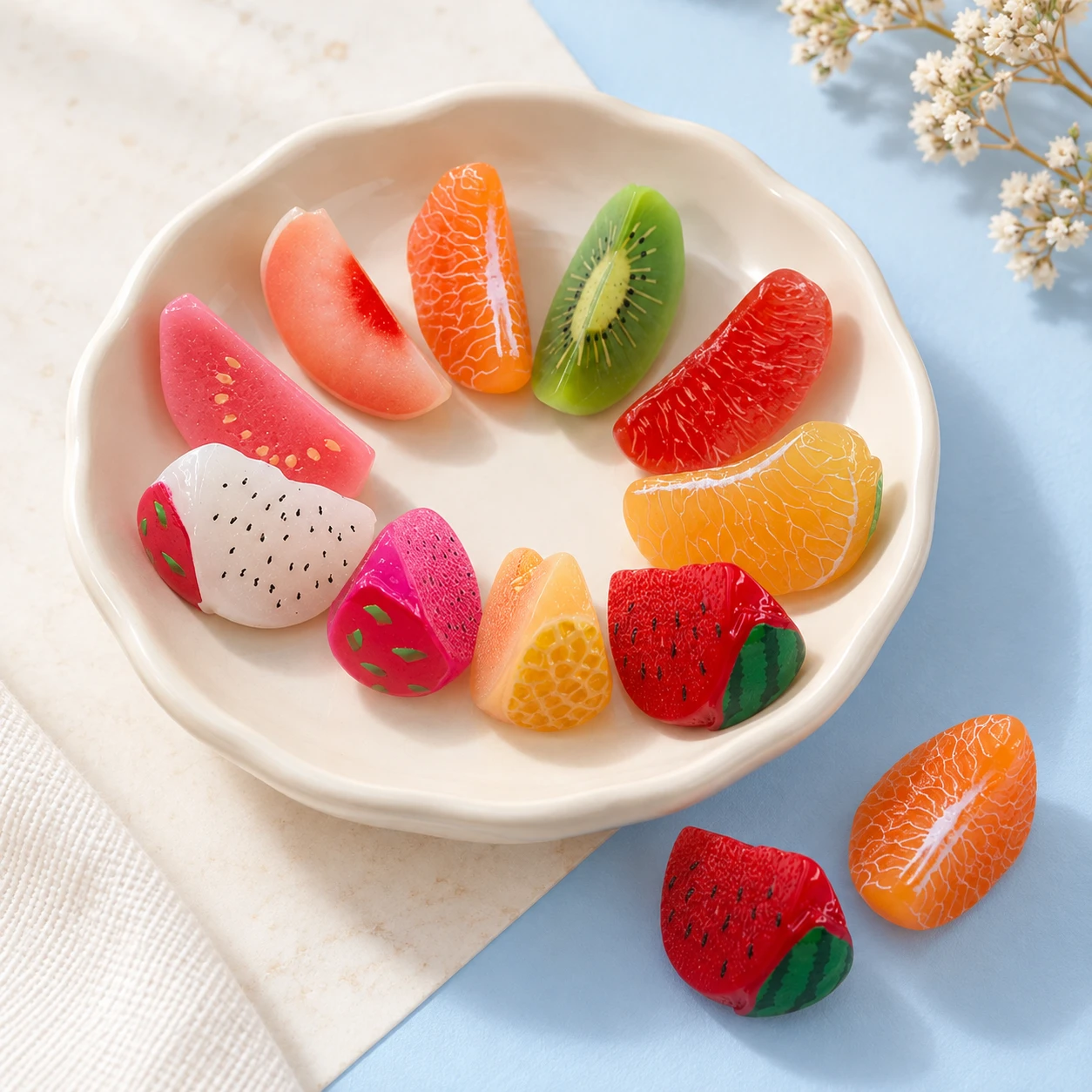Assorted Fruit Wedge Resin Charms RW0027019 displayed for assortment selection
