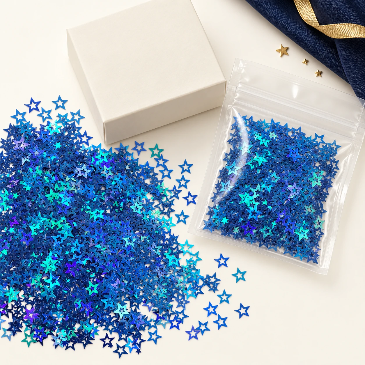 Blue Holographic Hollow Star Sequins MA259 with illustrative private-label packaging