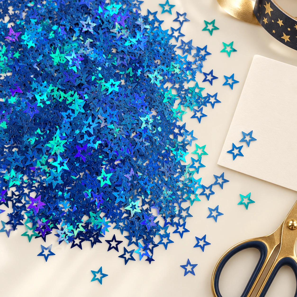 Blue Holographic Hollow Star Sequins MA259 in an illustrative craft workspace