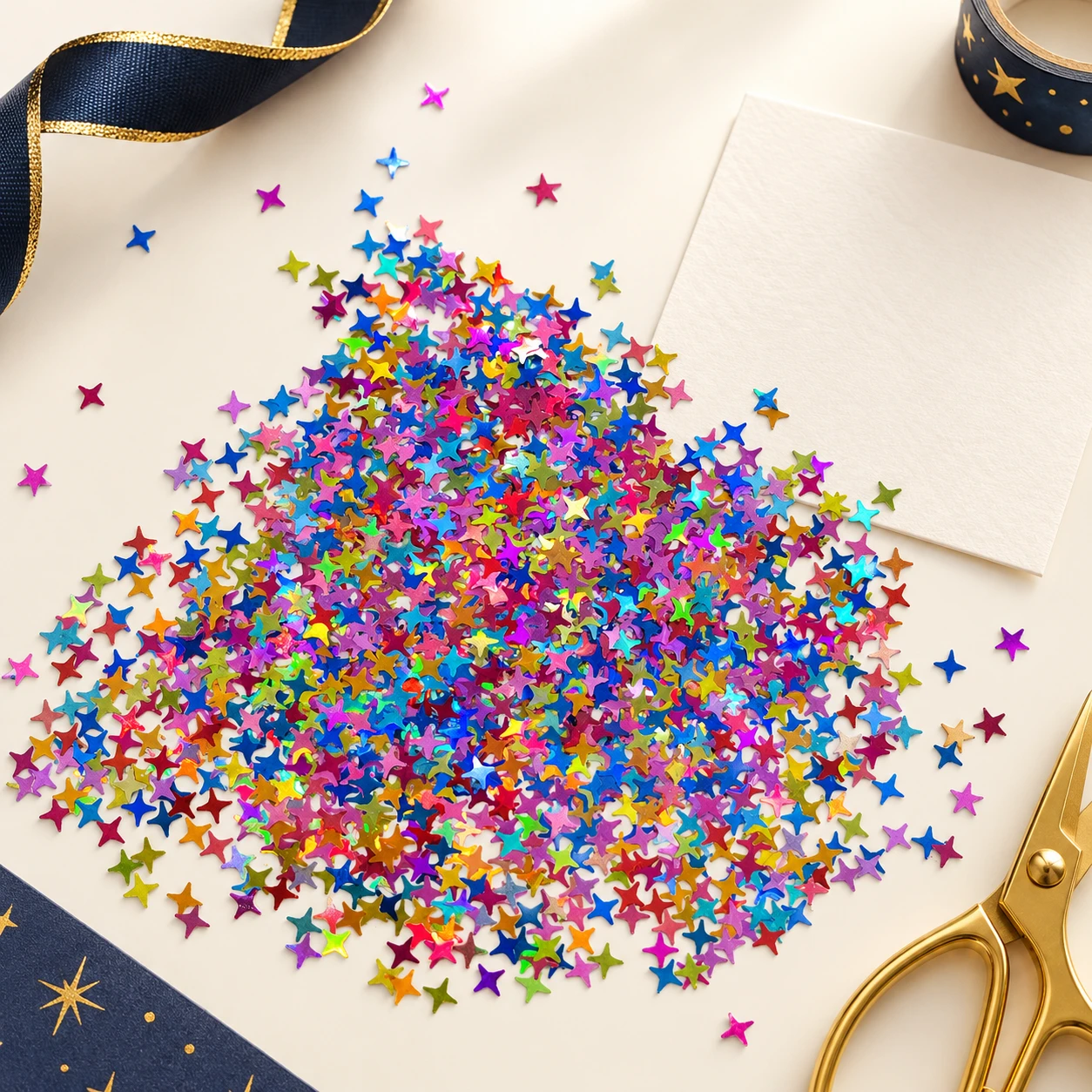 Bright Multicolor Star Confetti MA301 in an illustrative craft workspace