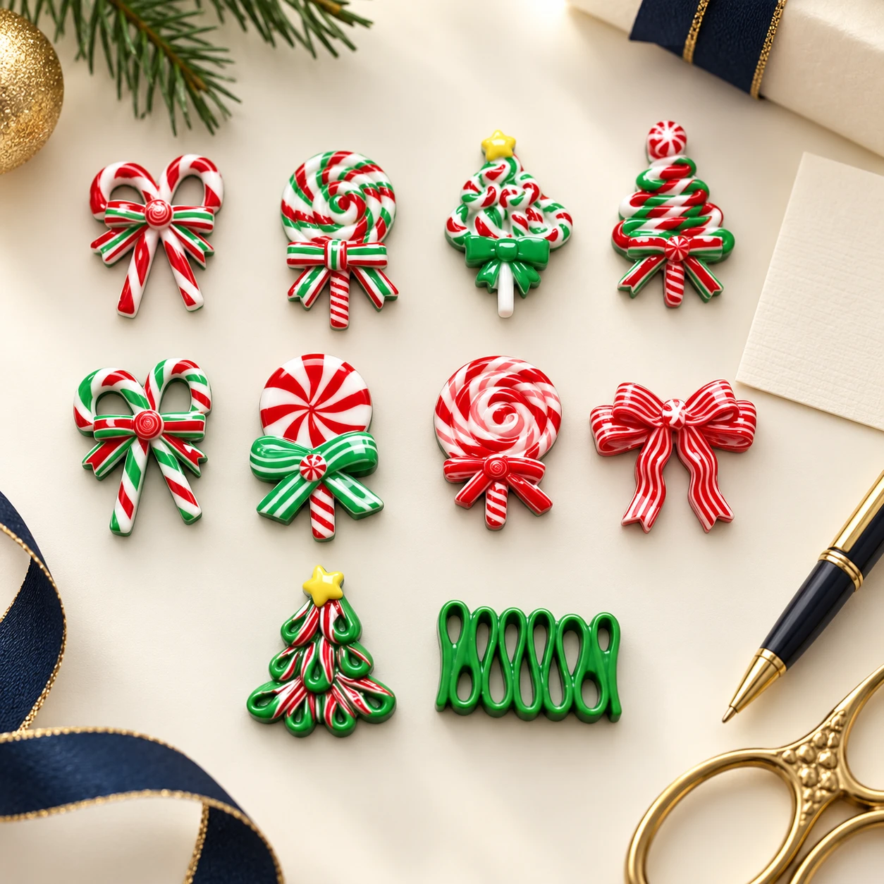 Christmas Candy and Tree Resin Charms RW0020557 in an illustrative craft workspace