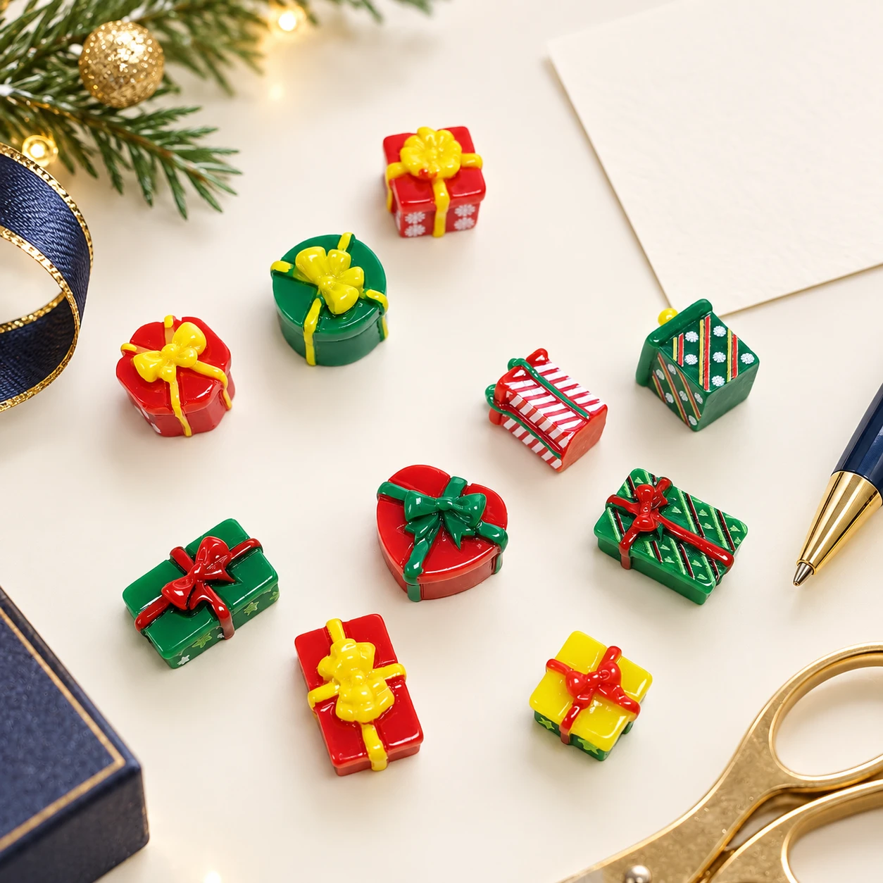 Christmas Gift Box Resin Charms RW002635 in an illustrative craft workspace