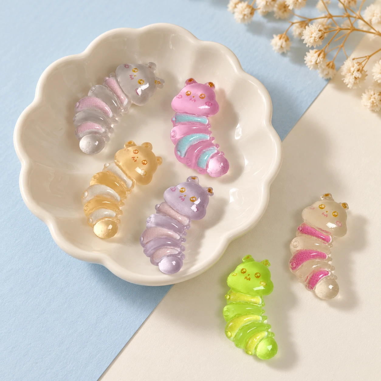 Colorful Caterpillar Resin Charms RW001391 displayed for assortment selection