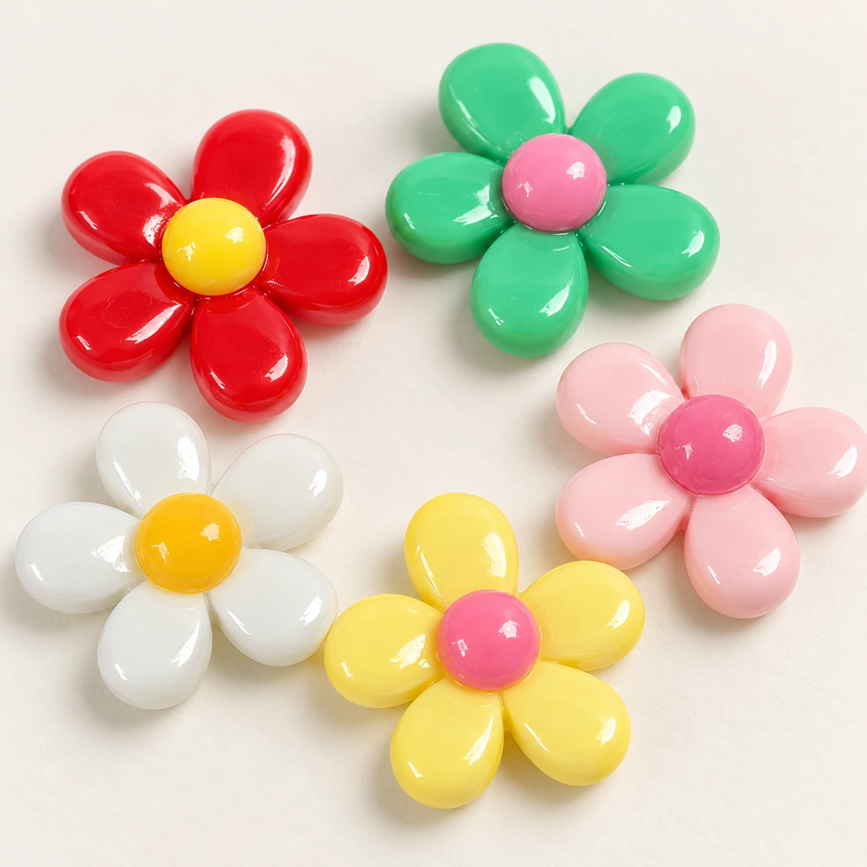 Colorful Five-Petal Flower Resin Charms RW002225 / RW26715 close-up showing the decorative shape and finish
