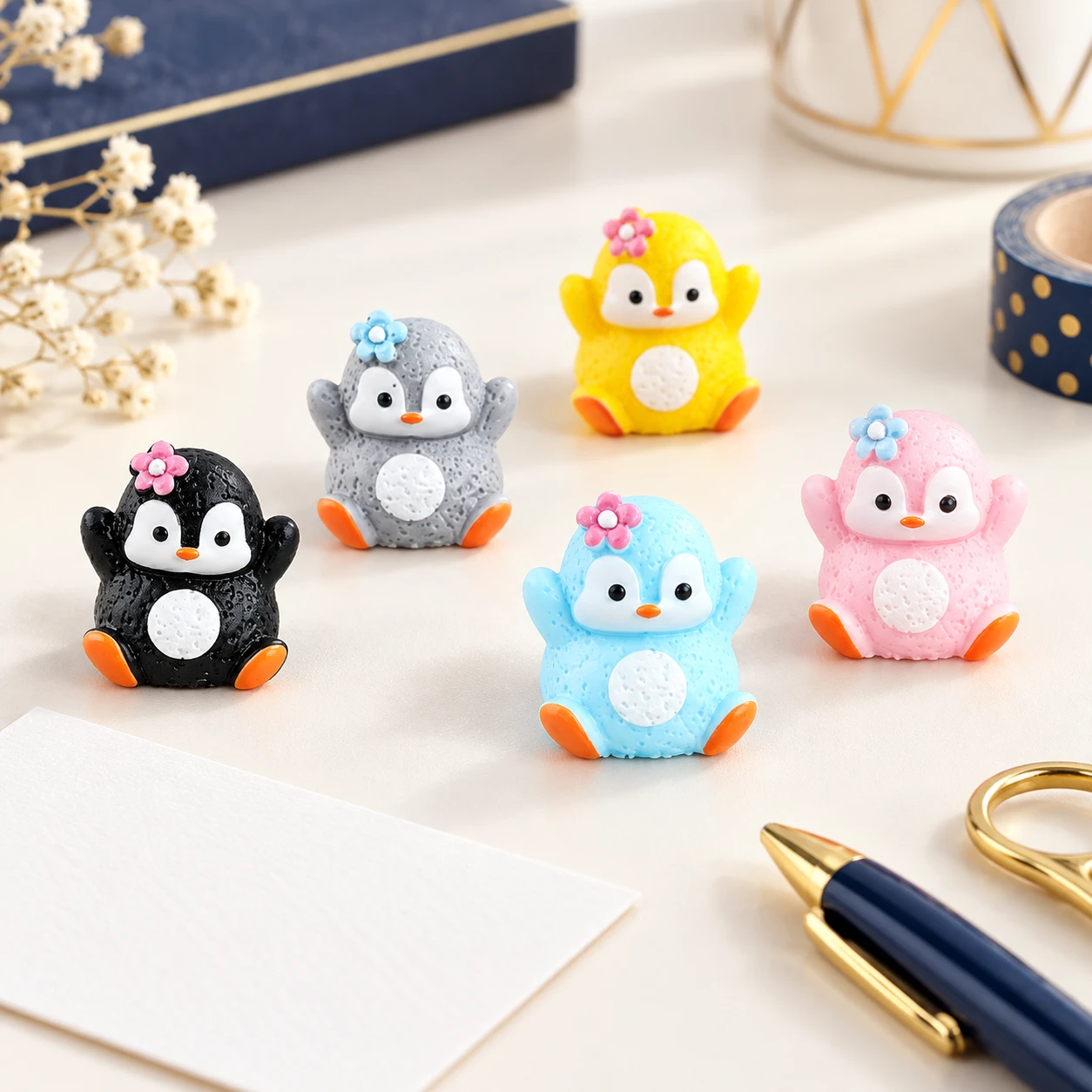 Colorful Penguin Resin Miniatures RW003398 in an illustrative craft workspace