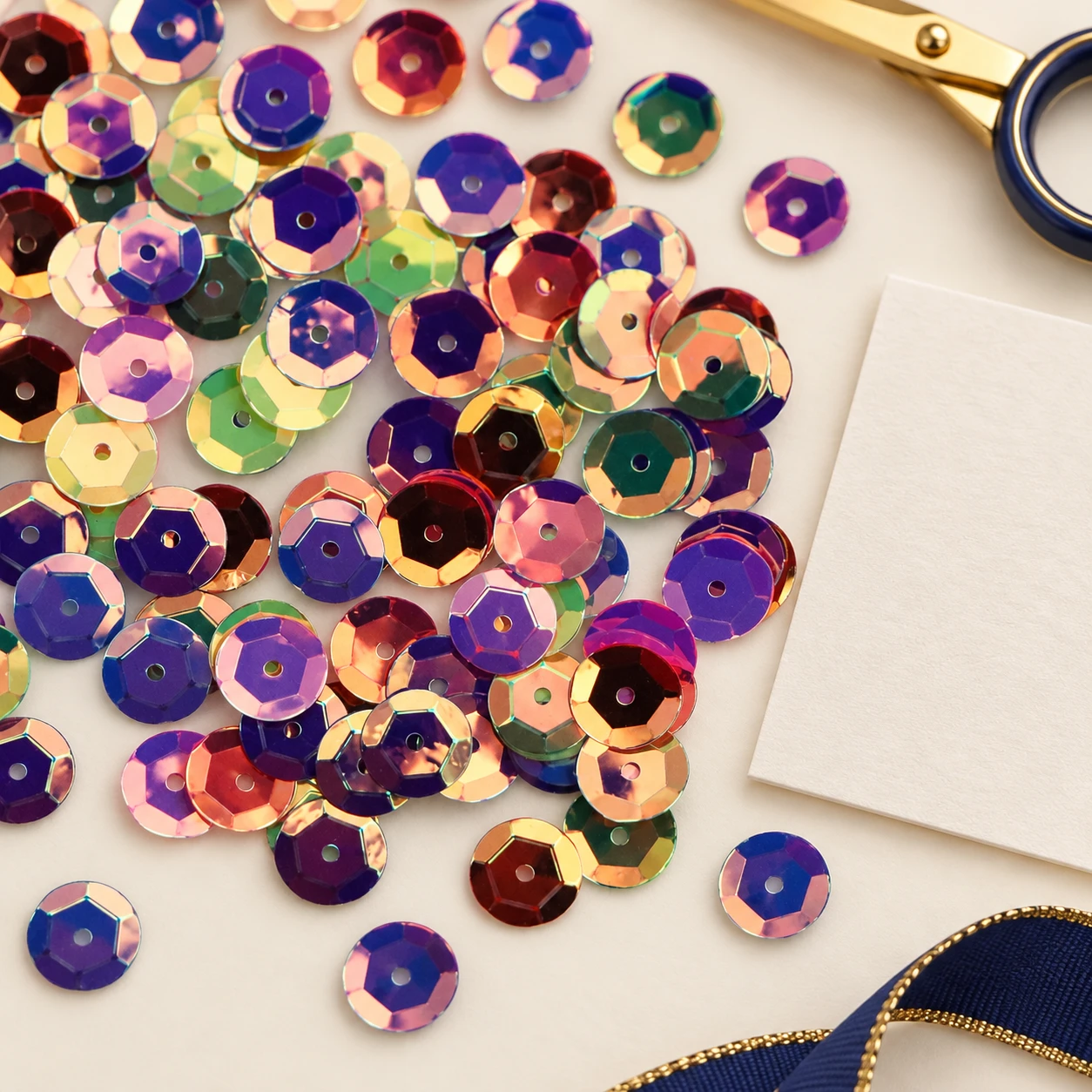Cupped Round Metallic Sequins MA016 in an illustrative craft workspace