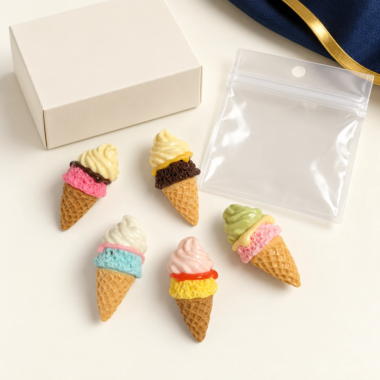 Double Scoop Ice Cream Resin Charms RW001380 with illustrative private-label packaging