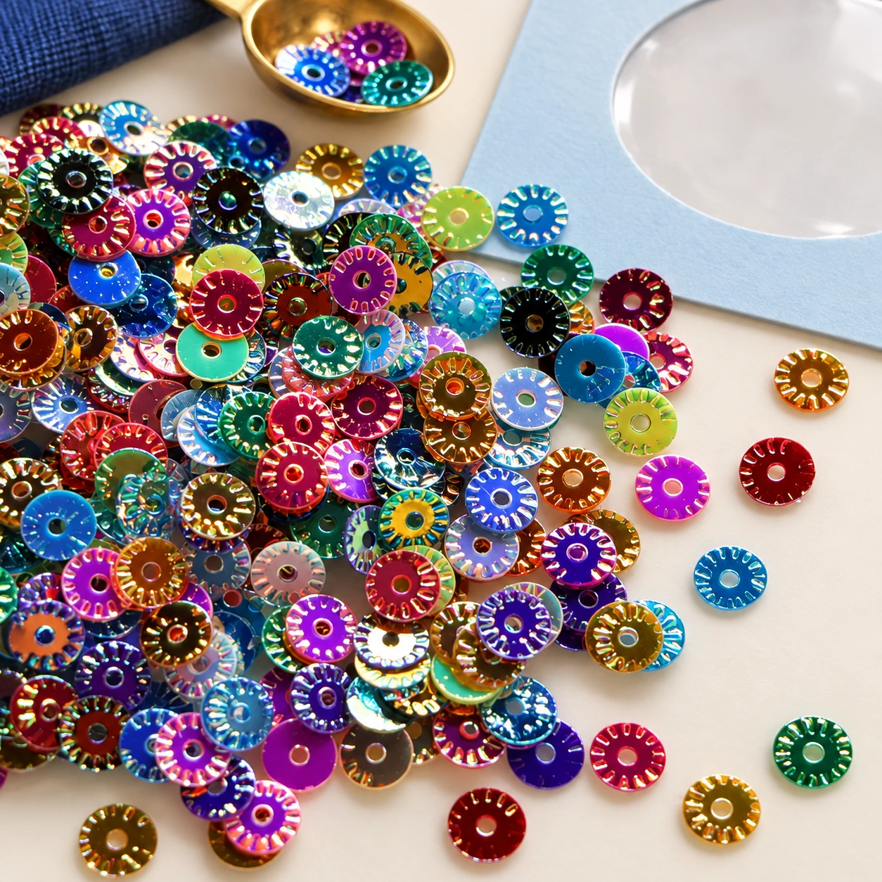 Embossed Round Metallic Sequins MA005 in an illustrative craft workspace
