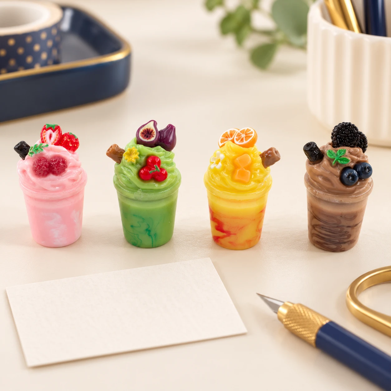 Fruit Dessert Drink Resin Miniatures RW0025221 / 26495 in an illustrative craft workspace