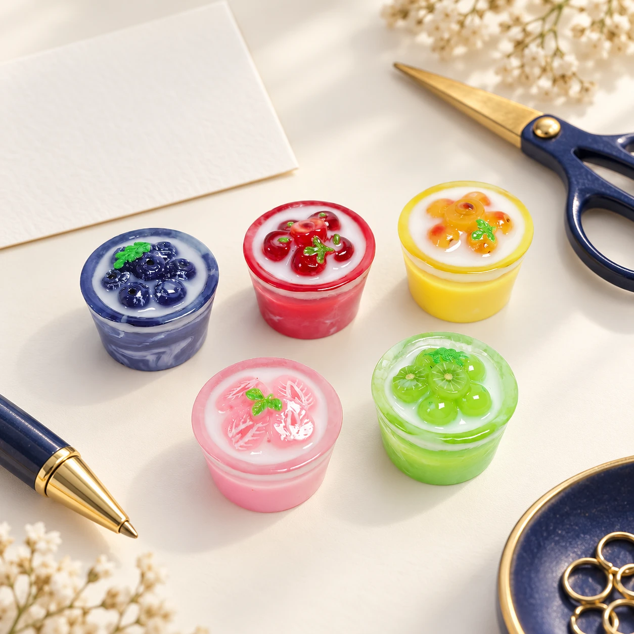 Fruit Yogurt Jar Resin Charms RW001872 in an illustrative craft workspace
