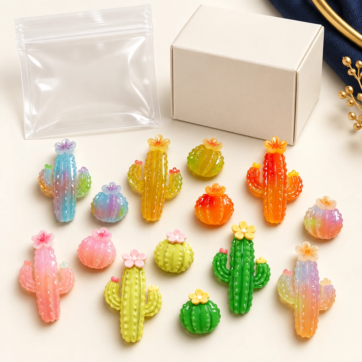 Glitter Cactus Resin Charms RW0024009 with illustrative private-label packaging