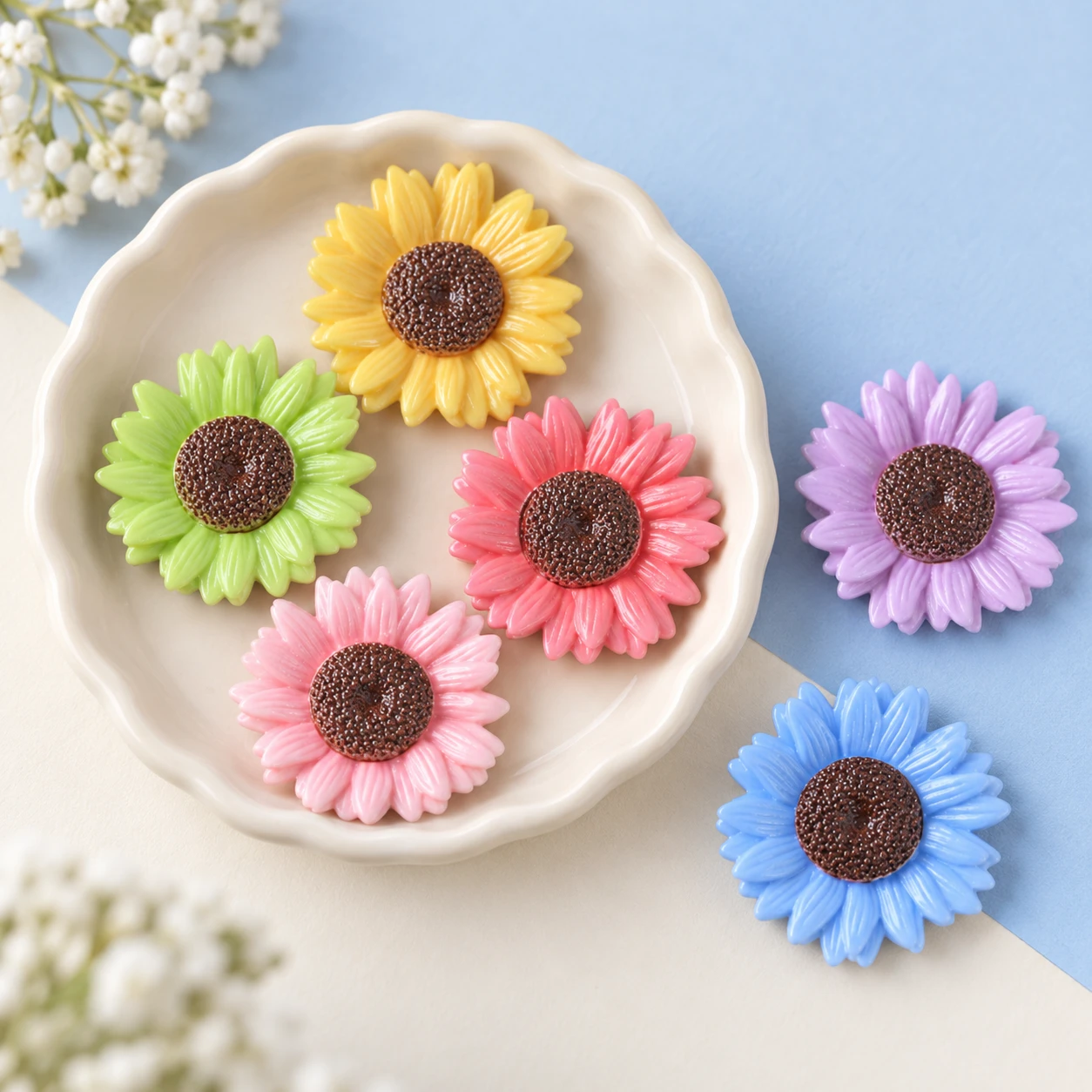 Glitter Sunflower Resin Cabochons RW001904 displayed for assortment selection