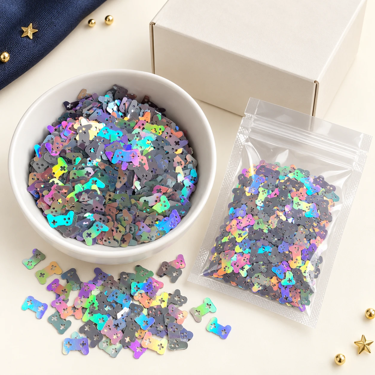 Holographic Star and Moon Sequin Mix MA293 with illustrative private-label packaging