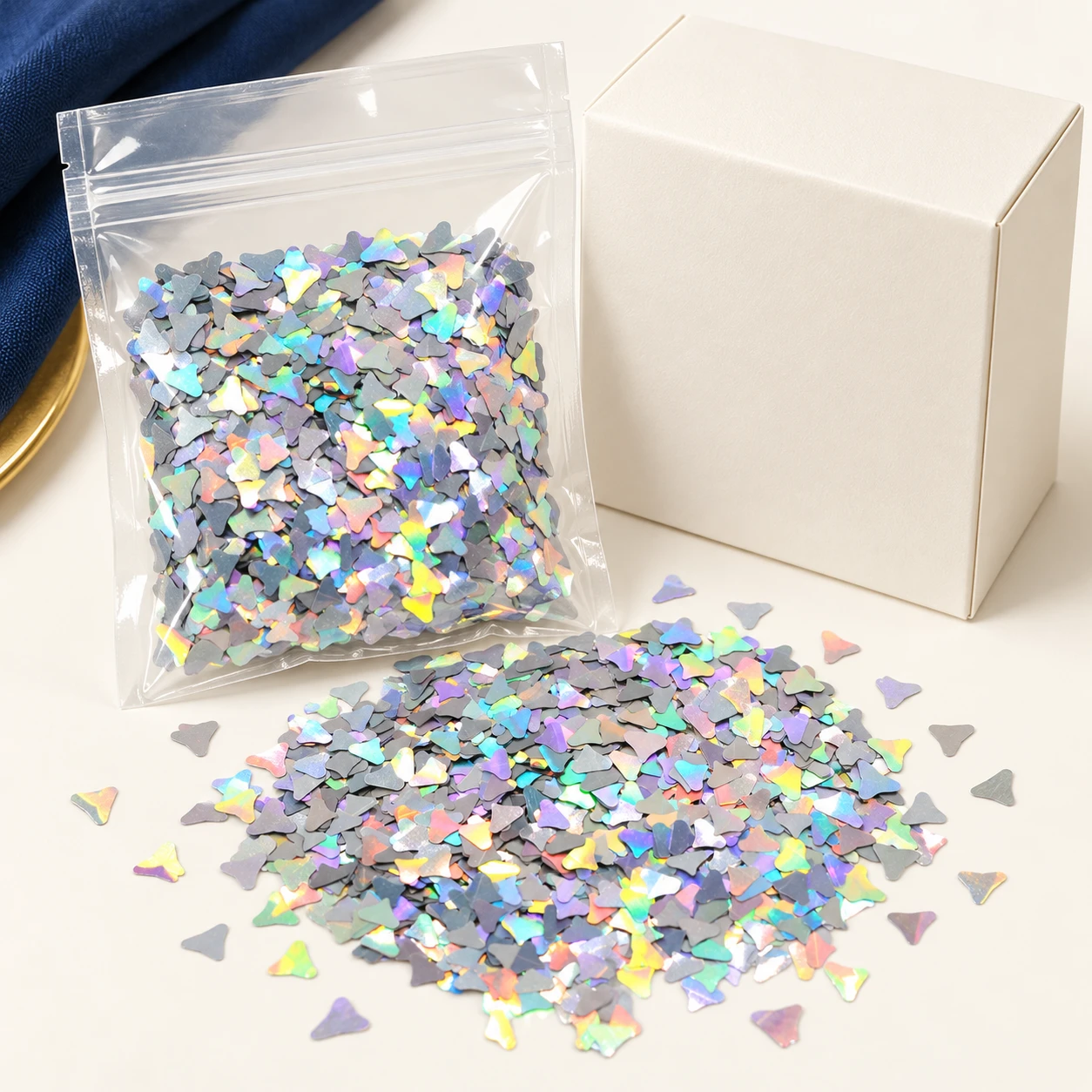 Iridescent Diamond Confetti Sequins MA110 with illustrative private-label packaging