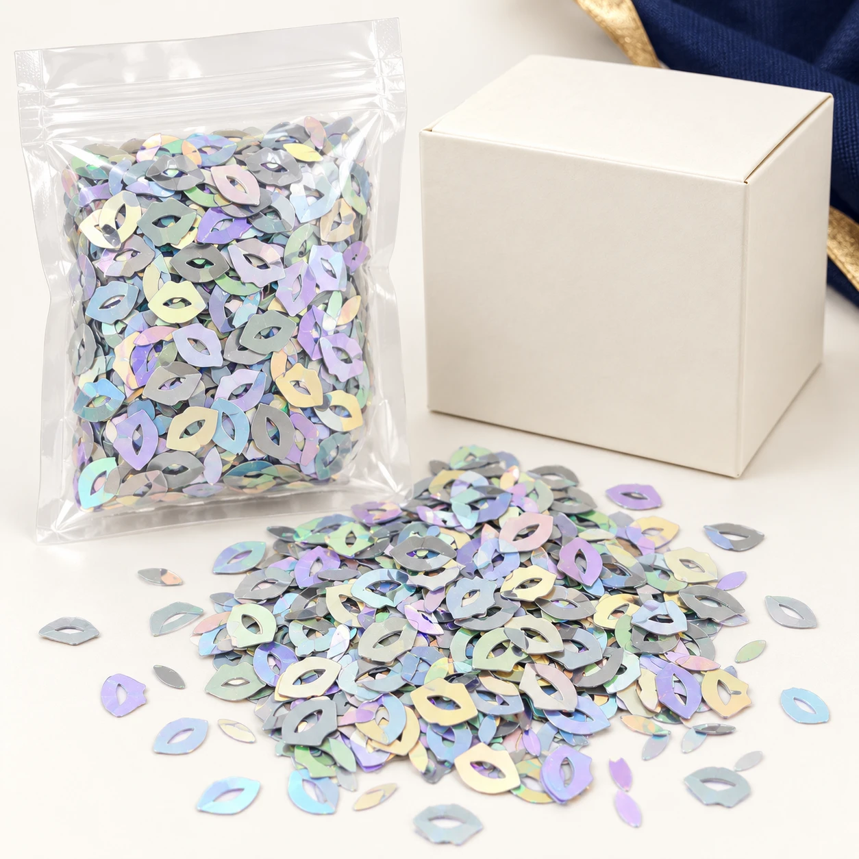 Iridescent Hollow Lip Sequins MA102 with illustrative private-label packaging