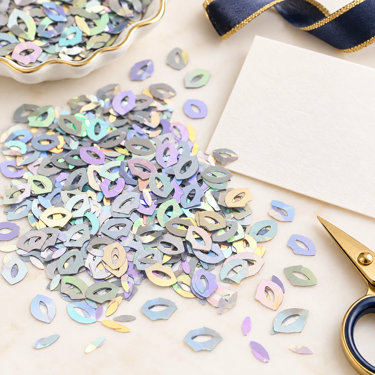 Iridescent Hollow Lip Sequins MA102 in an illustrative craft workspace