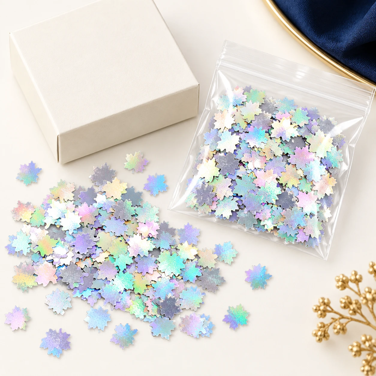 Iridescent Maple Leaf Sequins MA068 with illustrative private-label packaging
