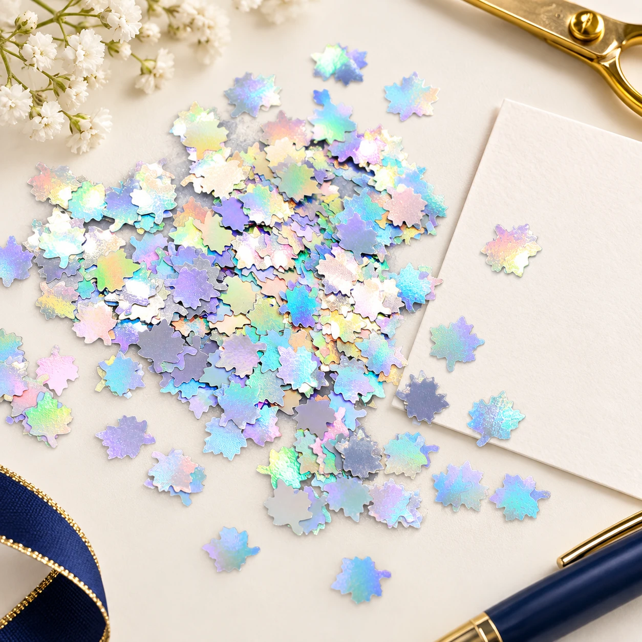 Iridescent Maple Leaf Sequins MA068 in an illustrative craft workspace