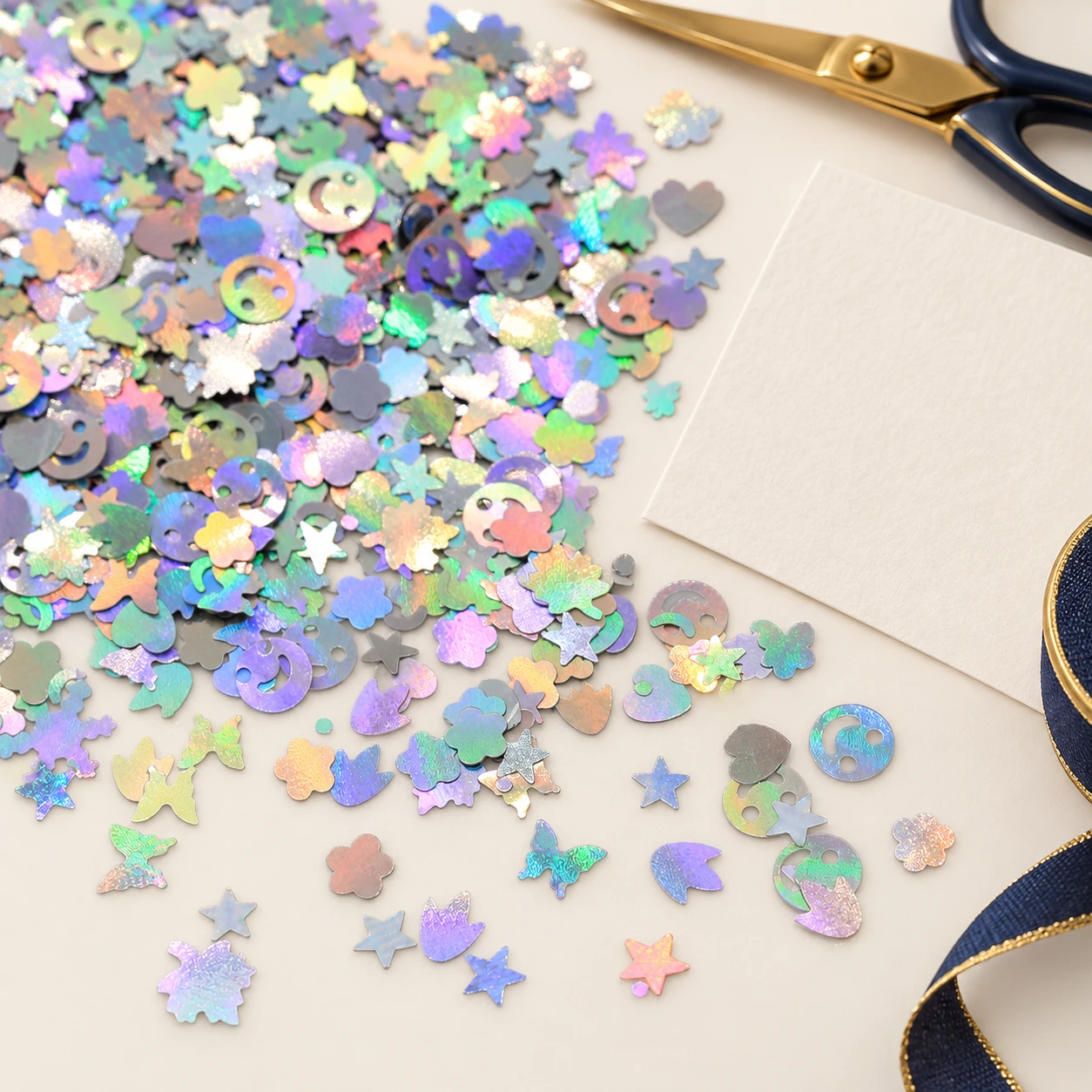 Iridescent Mixed Shape Sequins MA085 in an illustrative craft workspace