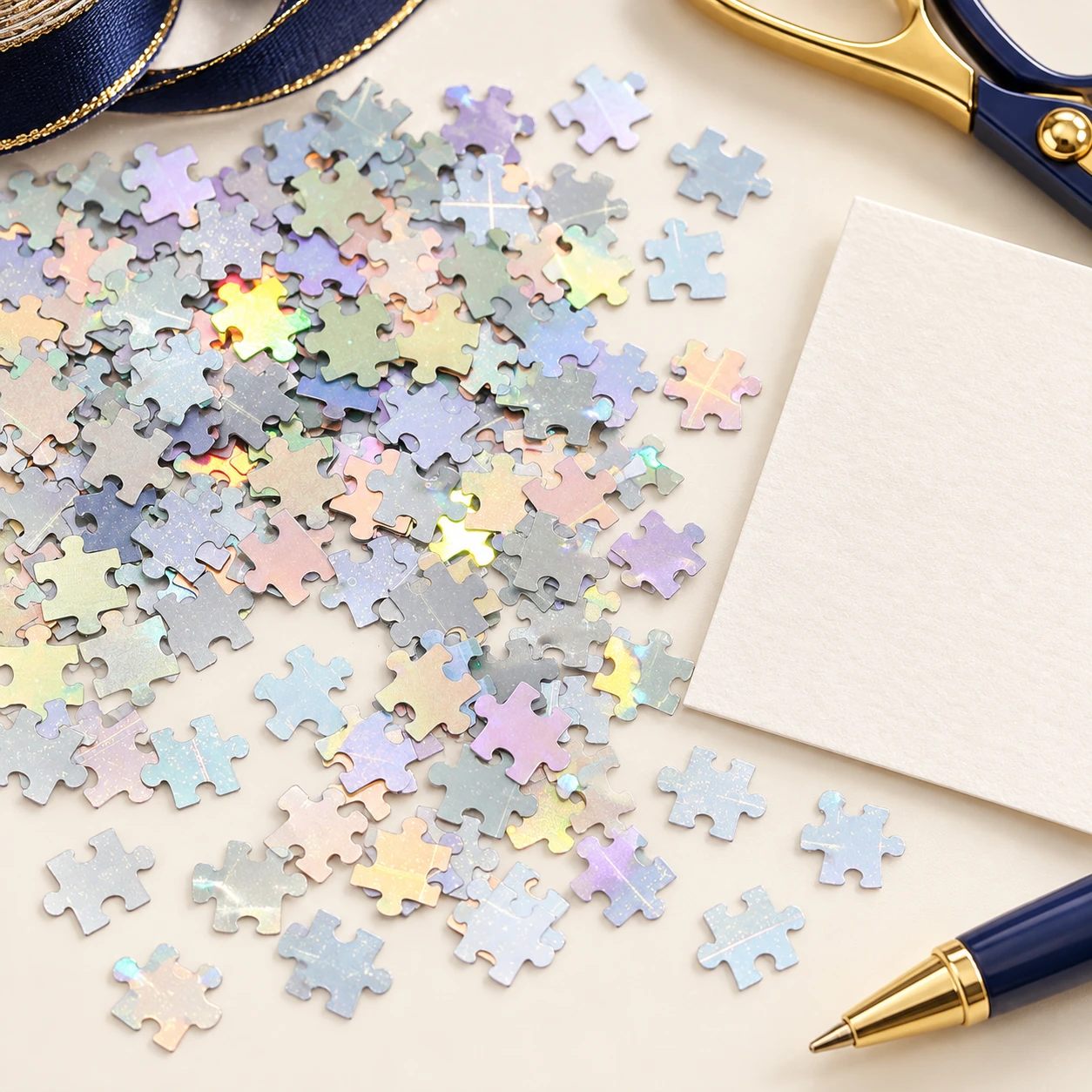 Iridescent Puzzle Piece Sequins MA098 in an illustrative craft workspace