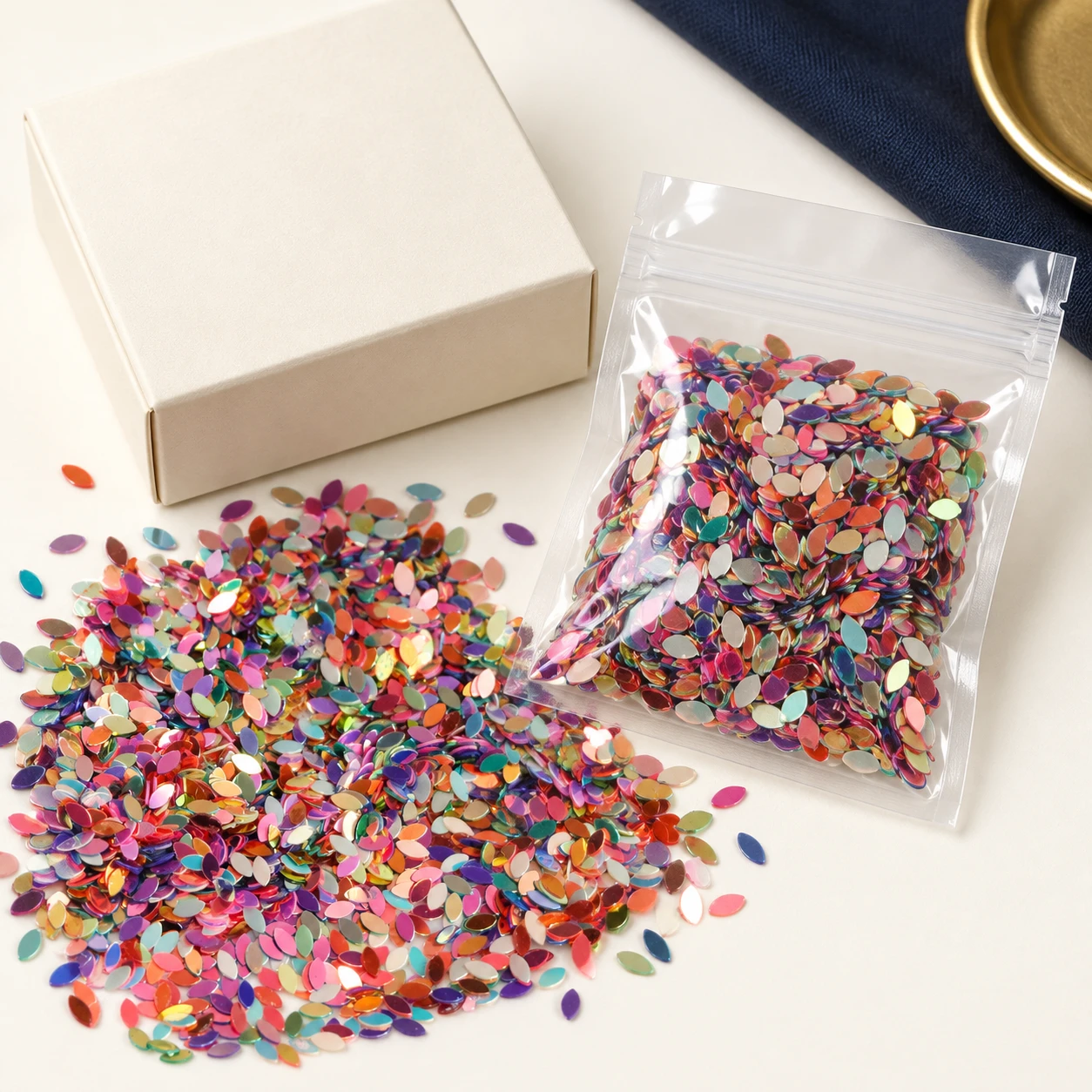 Iridescent Rice-Shaped Sequins MA006 with illustrative private-label packaging