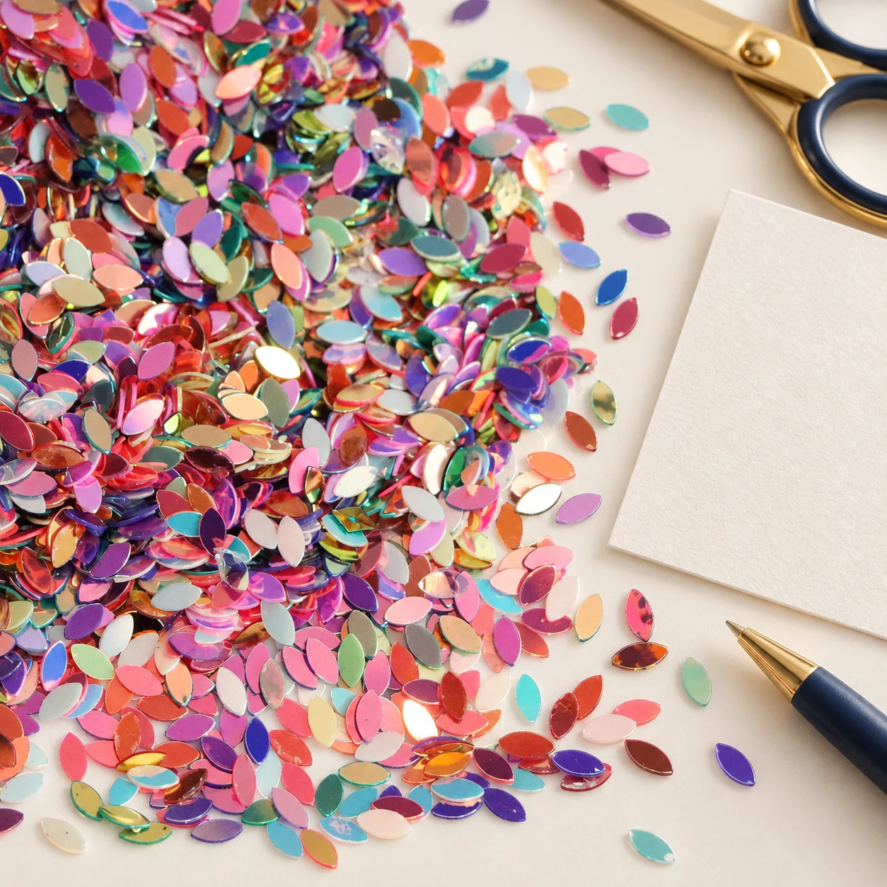 Iridescent Rice-Shaped Sequins MA006 in an illustrative craft workspace