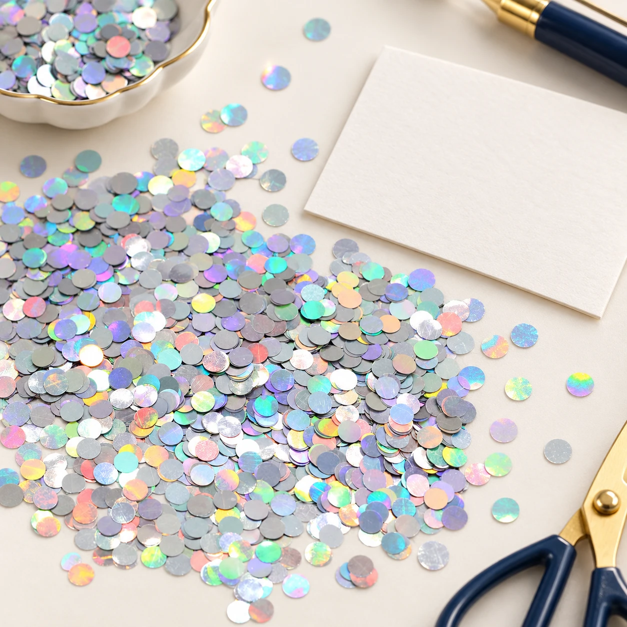 Iridescent Round Disc Sequins MA111 in an illustrative craft workspace