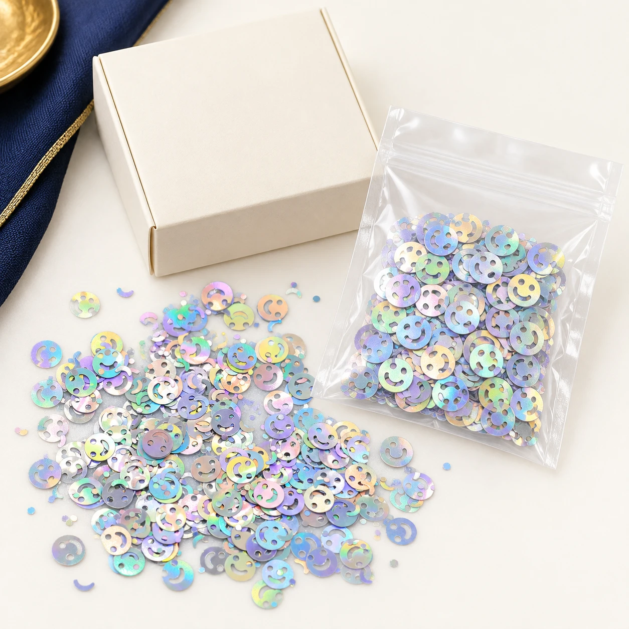Iridescent Smiley Face Sequins MA069 with illustrative private-label packaging