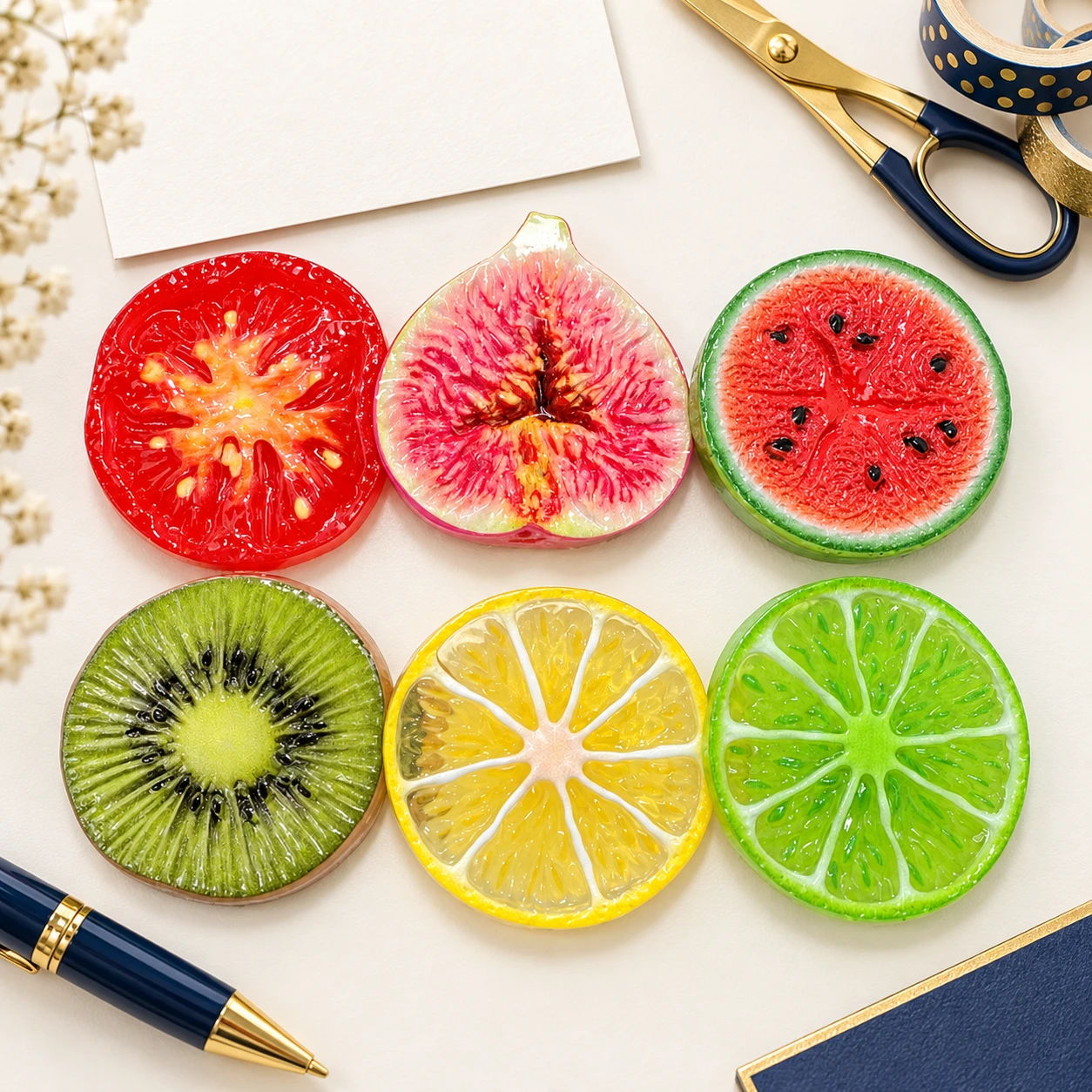 Large Fruit Slice Resin Charms RW003318 in an illustrative craft workspace
