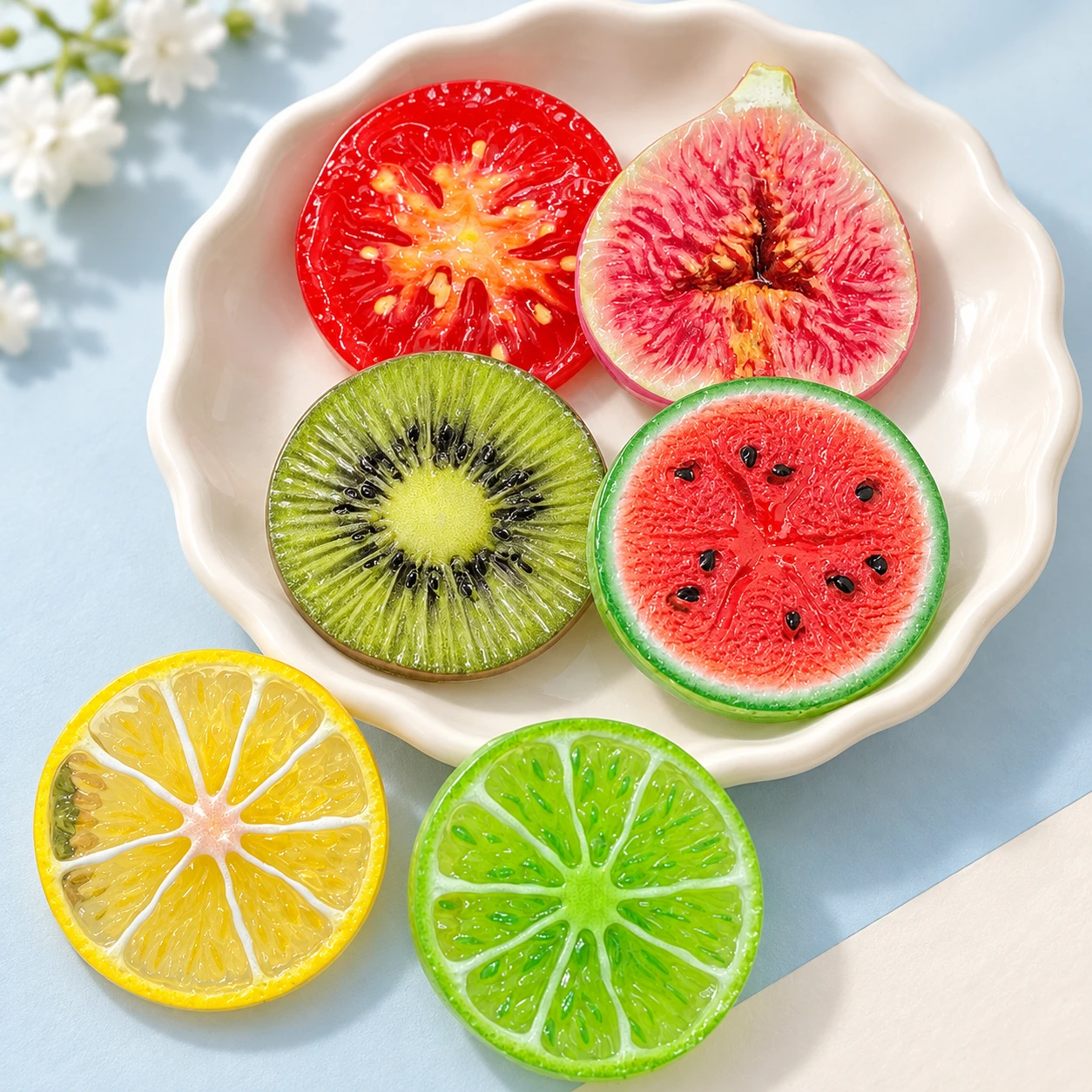 Large Fruit Slice Resin Charms RW003318 displayed for assortment selection