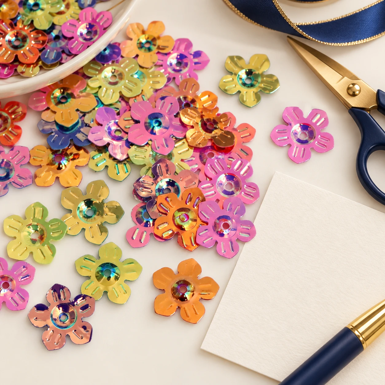 Large Metallic Flower Sequins MA015 in an illustrative craft workspace
