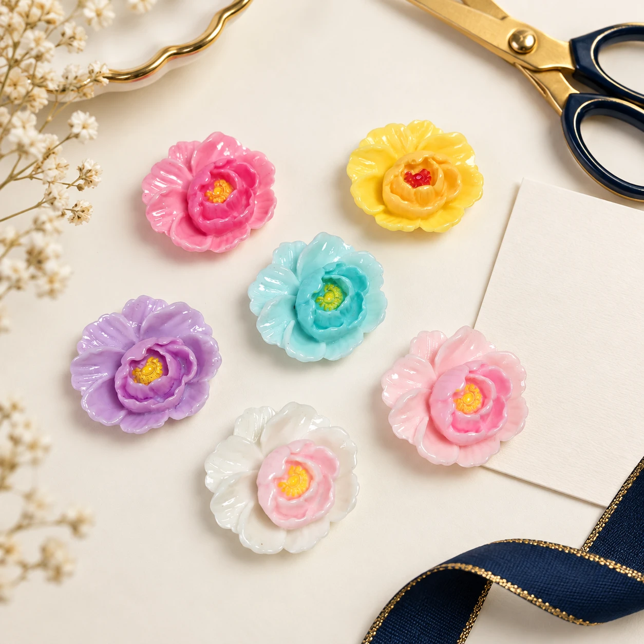 Layered Flower Resin Charms RW002255 in an illustrative craft workspace