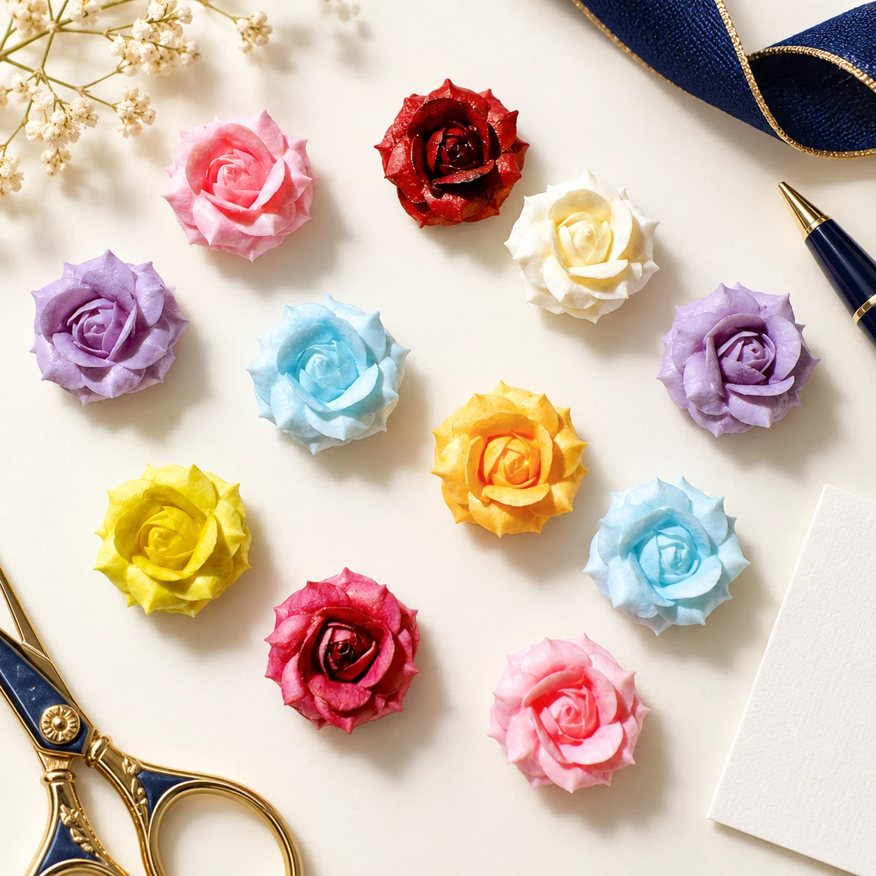Matte Rose Resin Cabochons RW003311 in an illustrative craft workspace