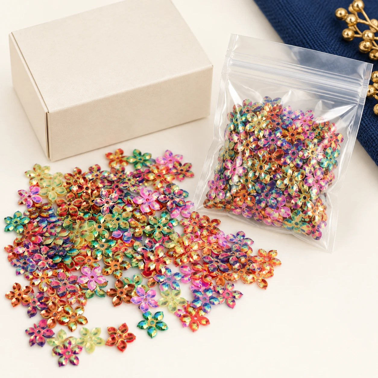 Metallic Flower Cup Sequins MA014 with illustrative private-label packaging