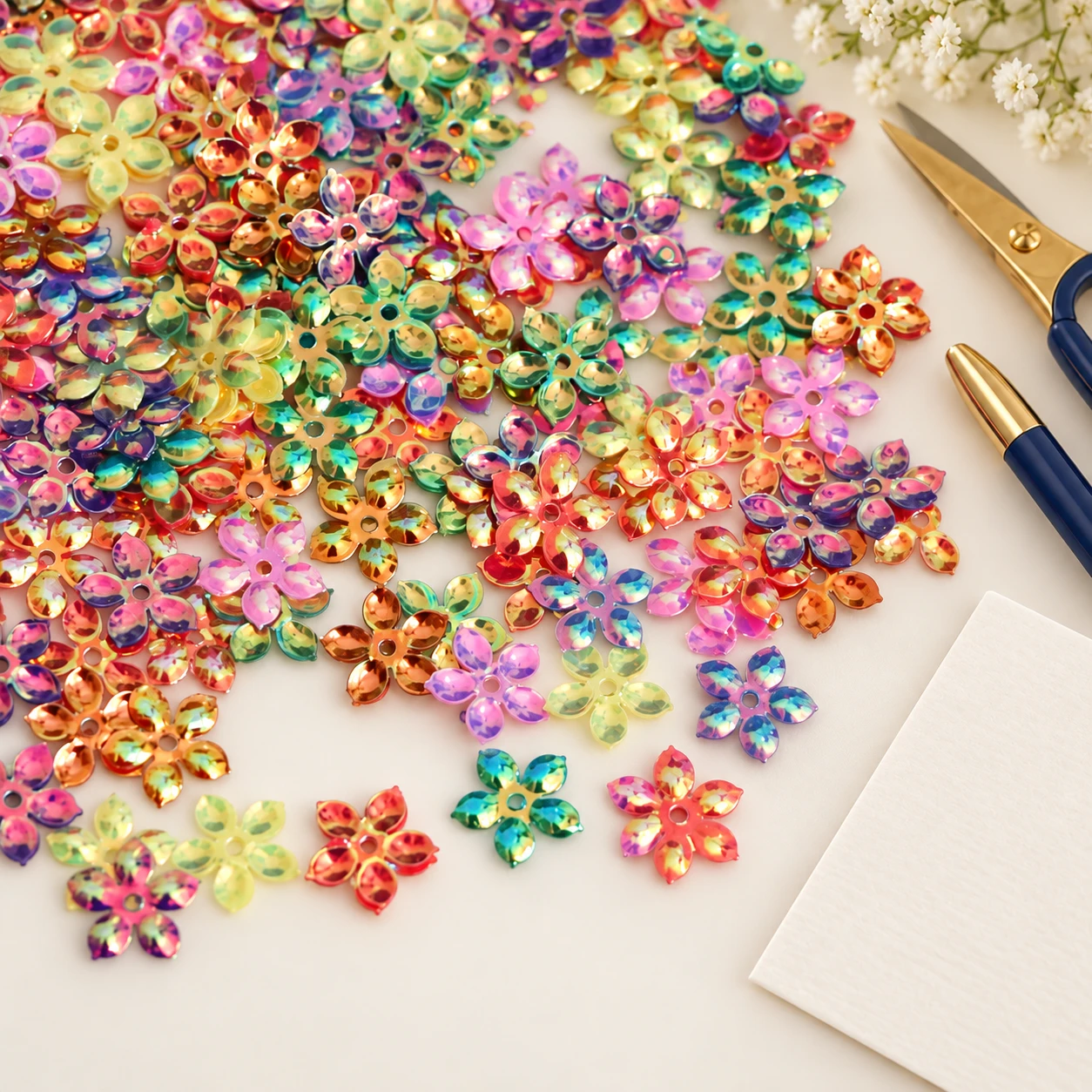 Metallic Flower Cup Sequins MA014 in an illustrative craft workspace