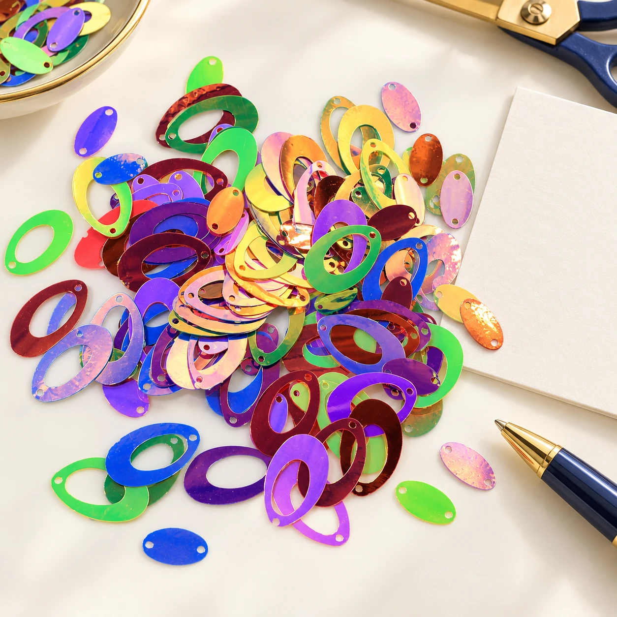 Metallic Hollow Oval Sequins MA052 in an illustrative craft workspace