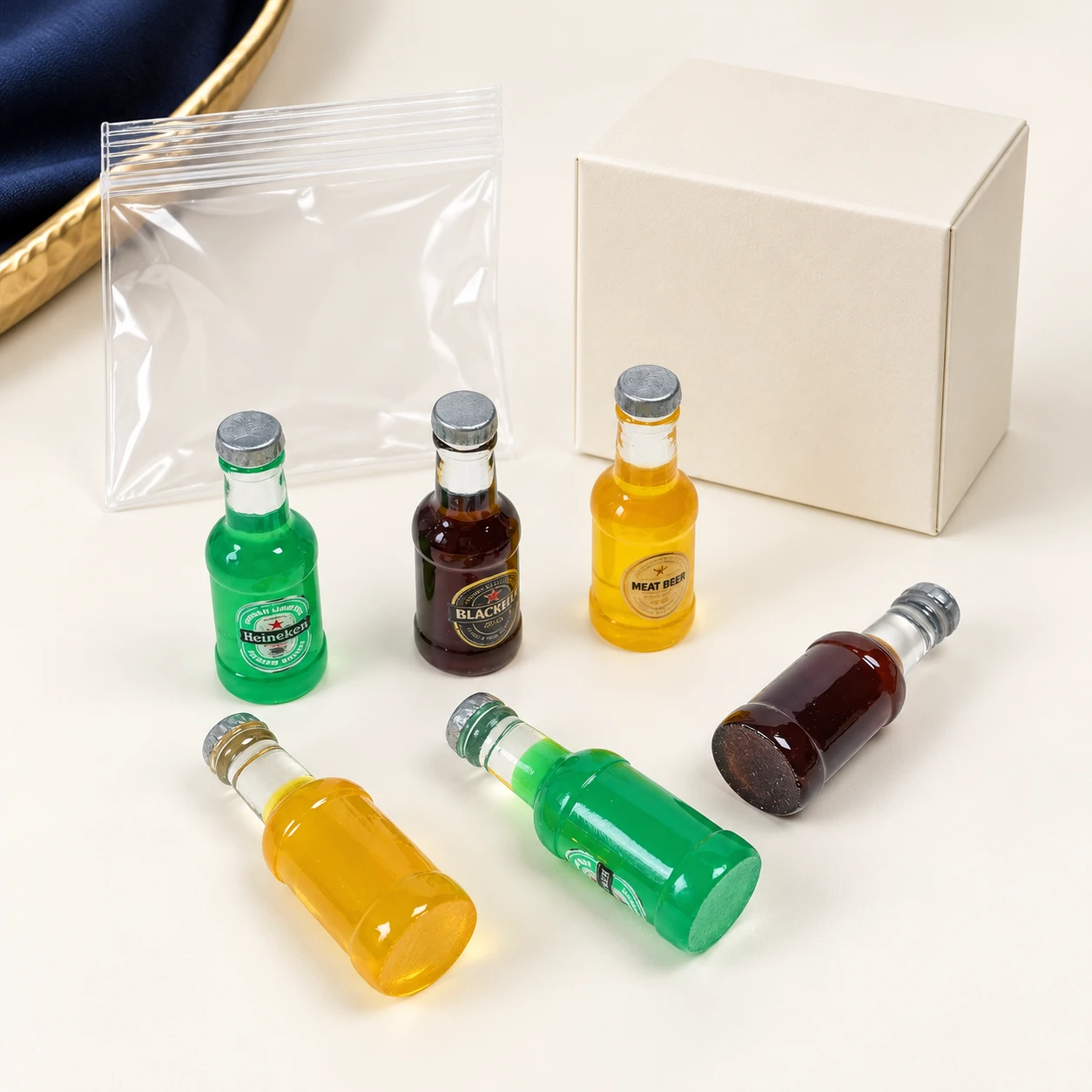 Mini Beer Bottle Resin Charms RW002656 with illustrative private-label packaging