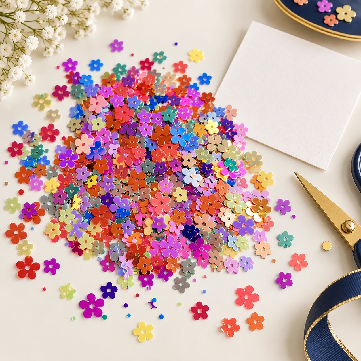 Mini Flat Flower Sequins MA024 in an illustrative craft workspace