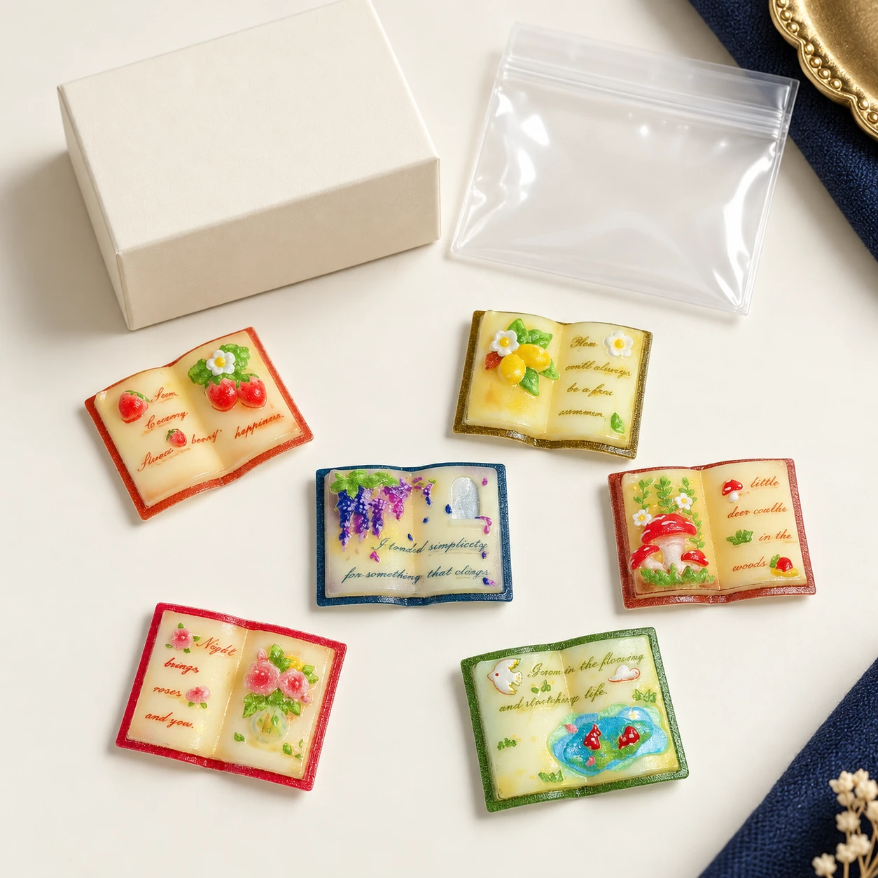 Mini Floral Book Resin Charms RW003270 with illustrative private-label packaging