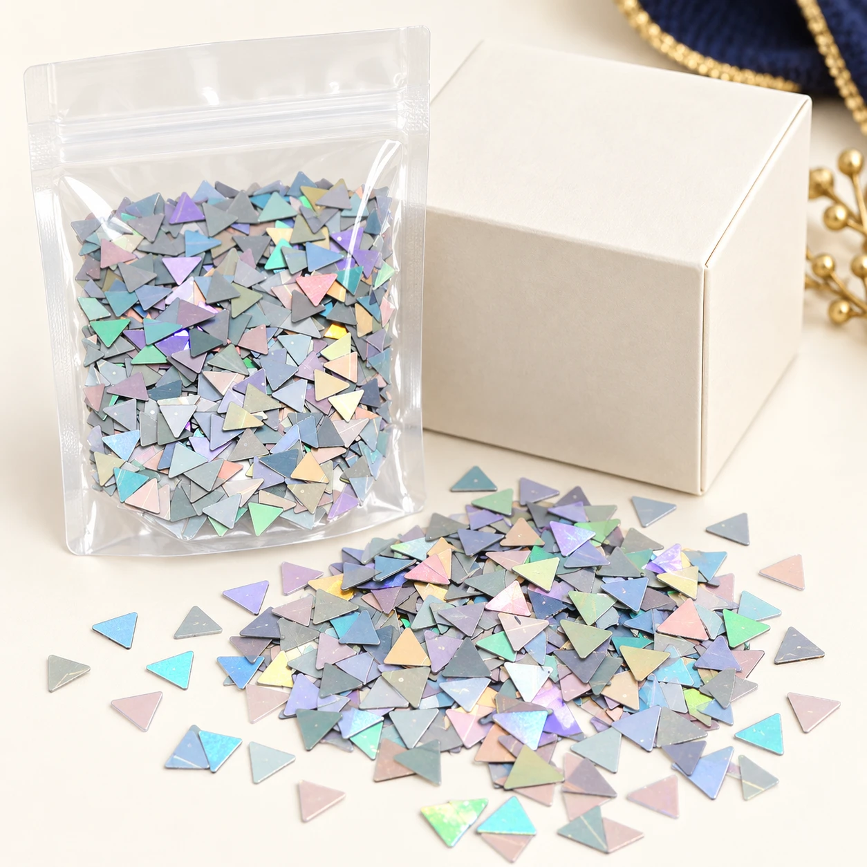 Mini Holographic Triangle Sequins MA105 with illustrative private-label packaging