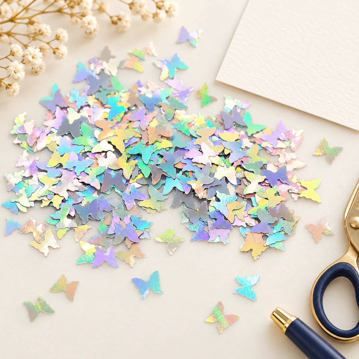 Mini Iridescent Butterfly Sequins MA067 in an illustrative craft workspace