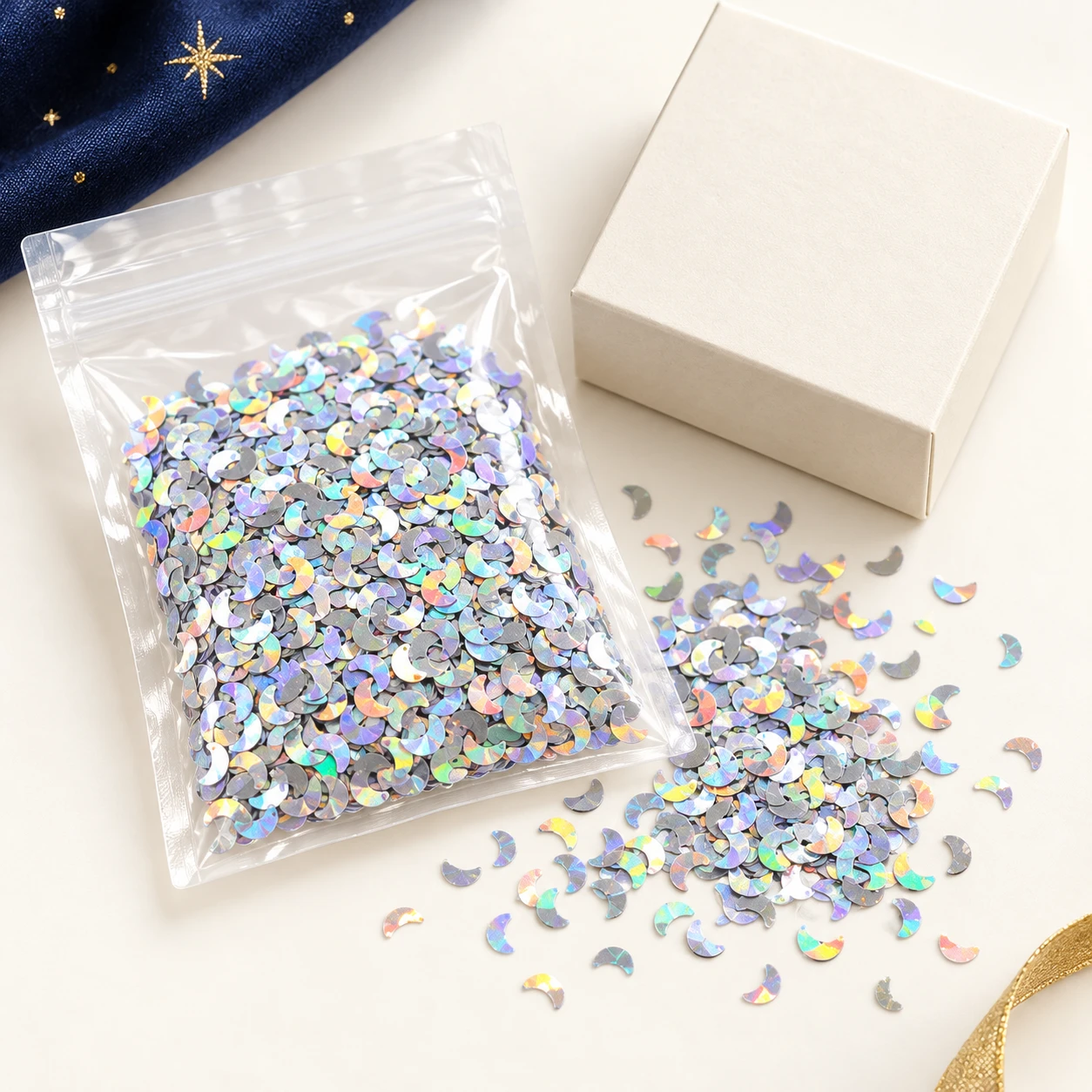 Mini Iridescent Crescent Sequins MA112 with illustrative private-label packaging