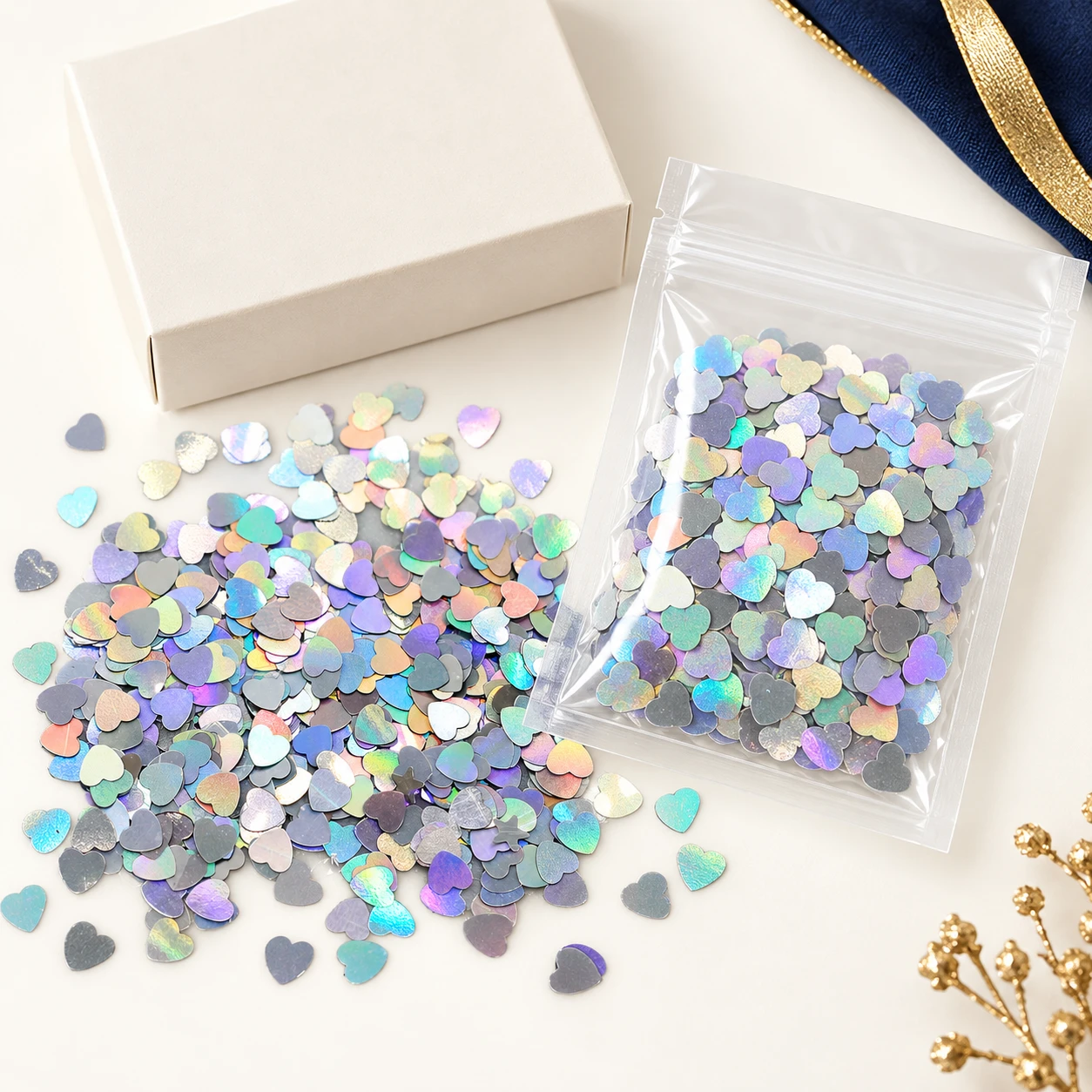 Mini Iridescent Heart Sequins MA071 with illustrative private-label packaging