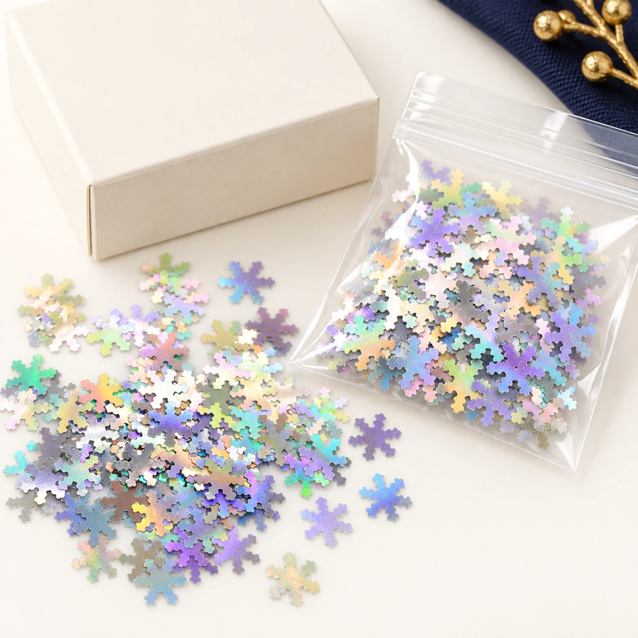 Mini Iridescent Snowflake Sequins MA073 with illustrative private-label packaging