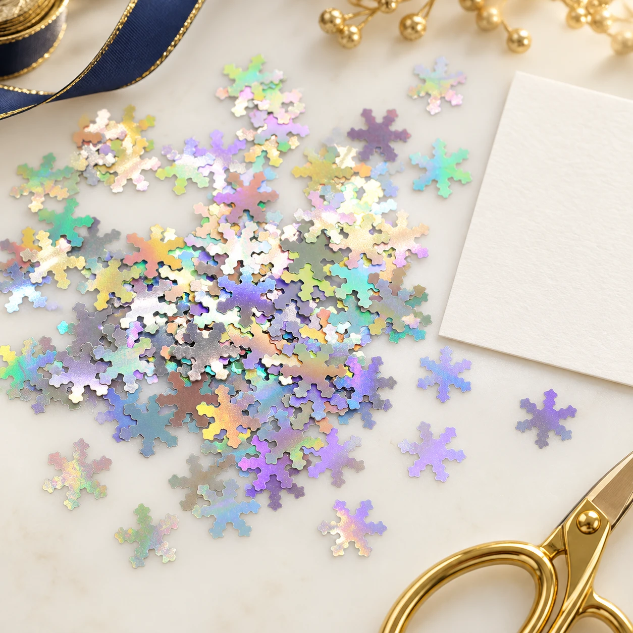 Mini Iridescent Snowflake Sequins MA073 in an illustrative craft workspace