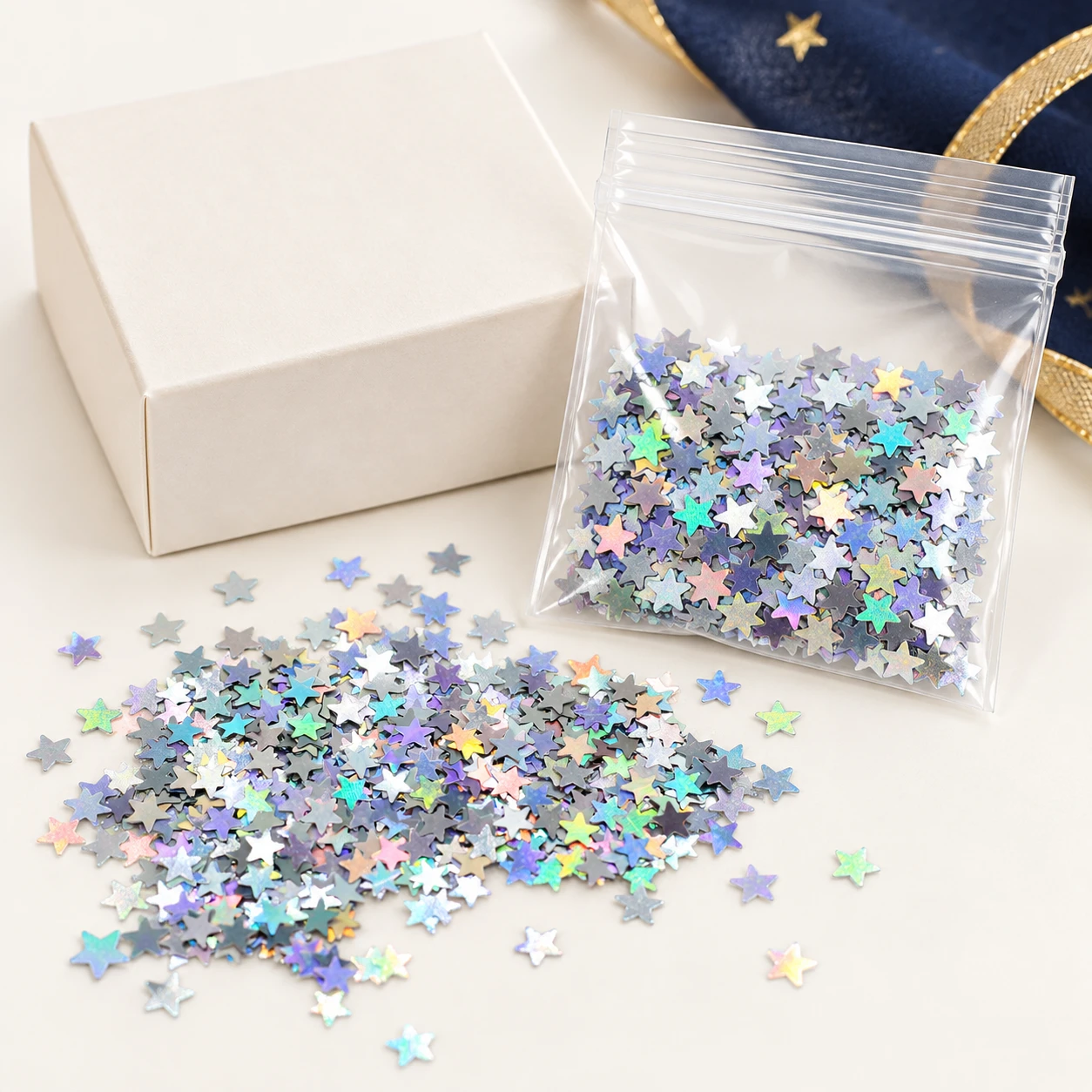Mini Iridescent Star Sequins MA072 with illustrative private-label packaging